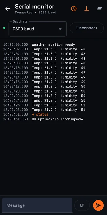 Serial monitor at 9600 baud showing timestamped temperature and humidity readings