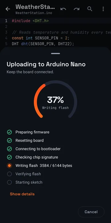 Uploading to an Arduino Nano at 37 percent while writing flash